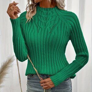 SHEIN Womens Cable Knit Design Turtleneck Sweater Size Small High Neck Green
